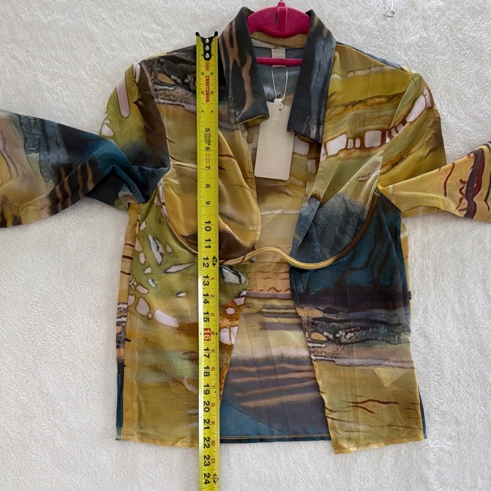 Musera Sheer Abstract Landscape Wired Open Front Long Sleeve Top Small - Picture 8 of 10
